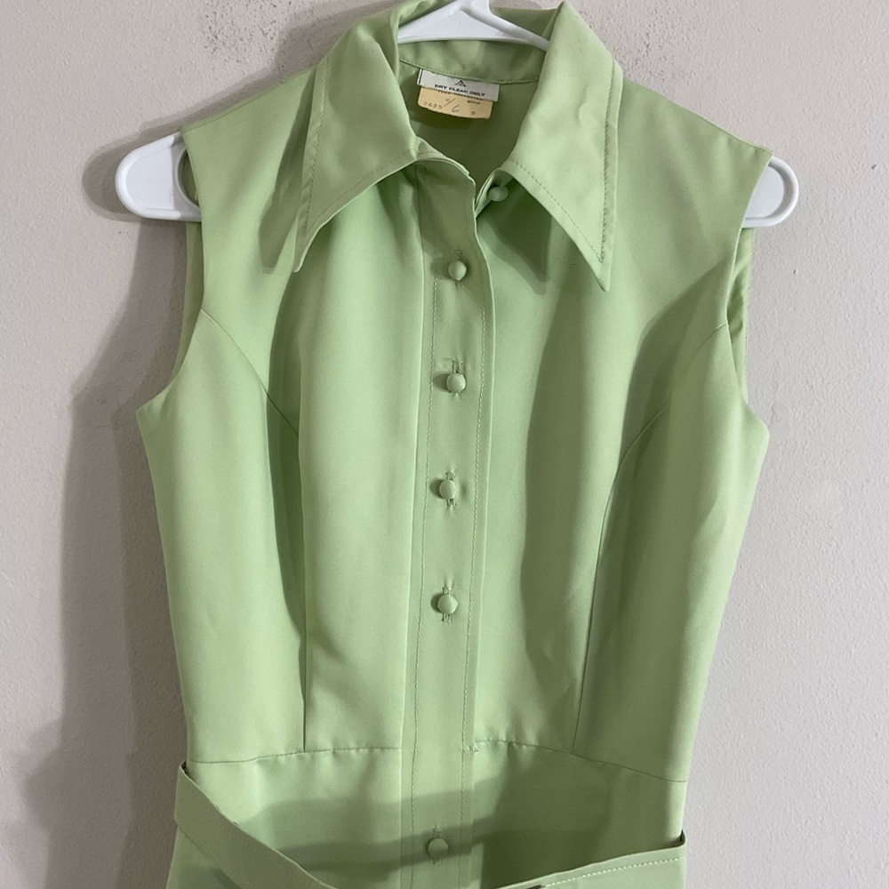 Vintage Women Size 8 Green Sleeveless Collared Button Belted Midi Shirt Dress - Picture 3 of 10